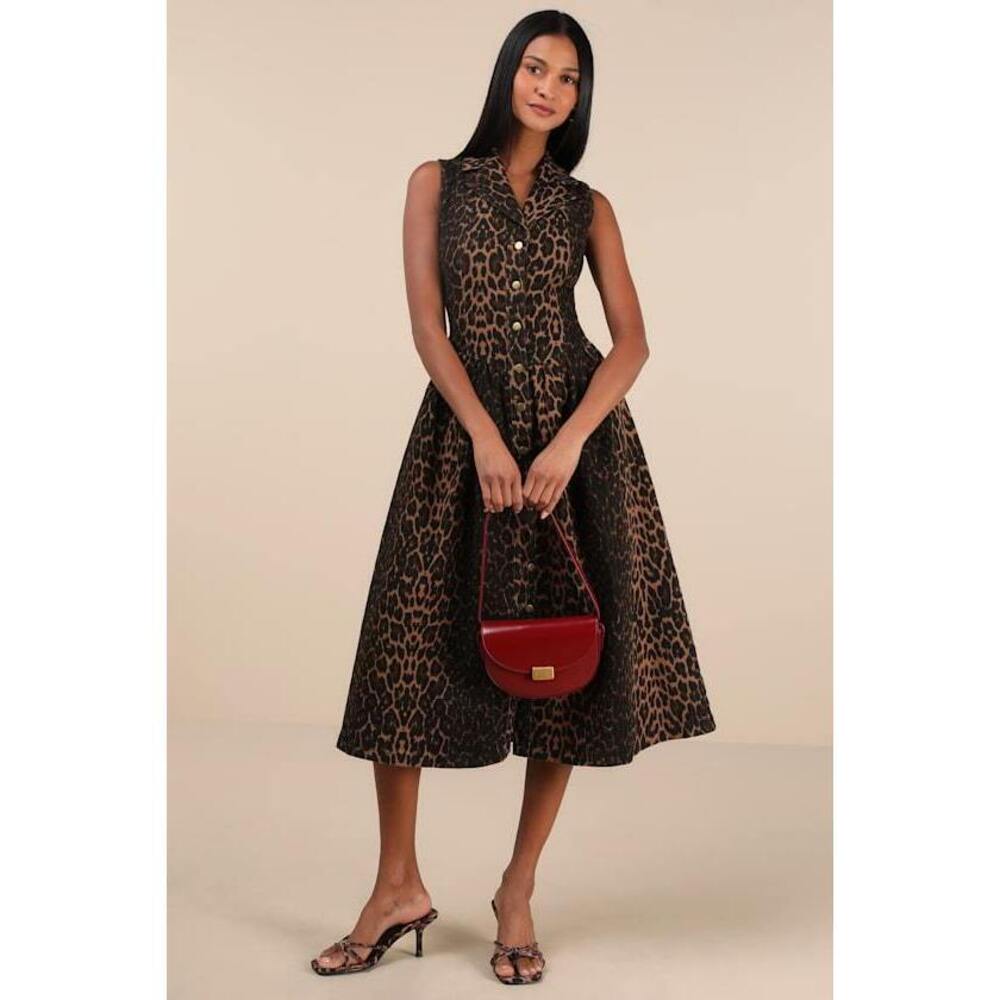 Lulus Levon Brown Leopard Print Denim Button-front Midi Dress - Size M